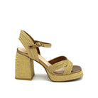 EXE Havana-002 woven platform block heel sandal in gold with crossover straps and ankle strap buckle closure, side view