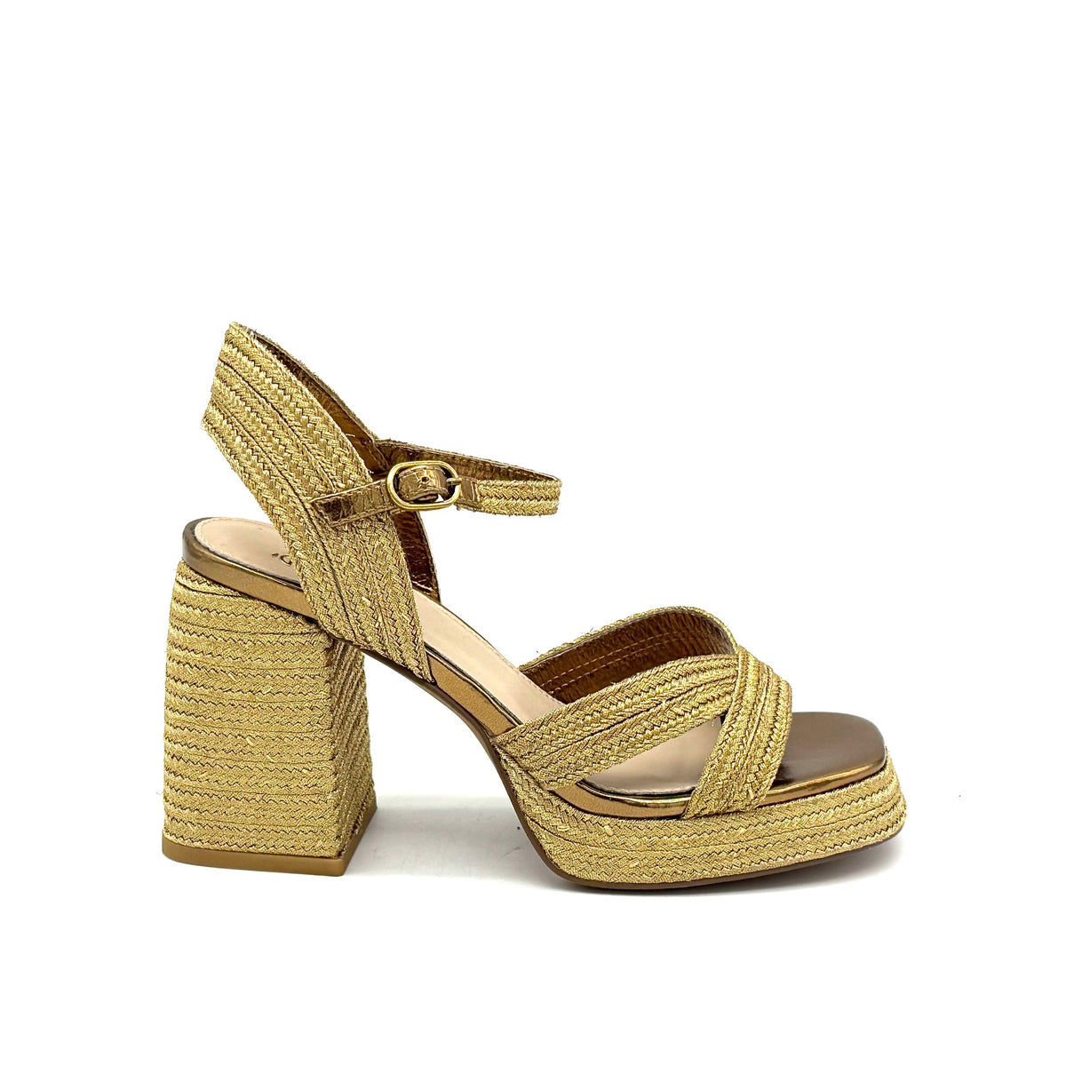 EXE Havana-002 woven platform block heel sandal in gold with crossover straps and ankle strap buckle closure, side view