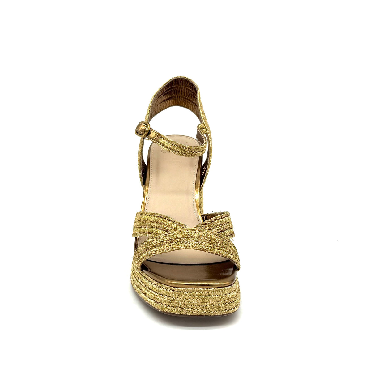 EXE Havana-002 woven platform block heel sandal in gold with crossover straps and ankle strap buckle closure, side view