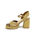 EXE Havana-002 woven platform block heel sandal in gold with crossover straps and ankle strap buckle closure, side view