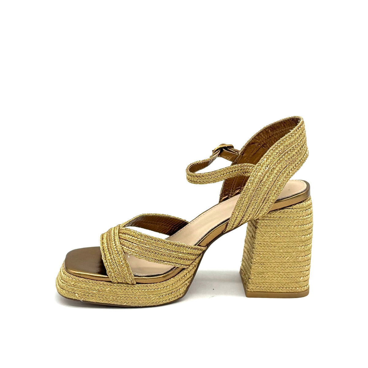 EXE Havana-002 woven platform block heel sandal in gold with crossover straps and ankle strap buckle closure, side view