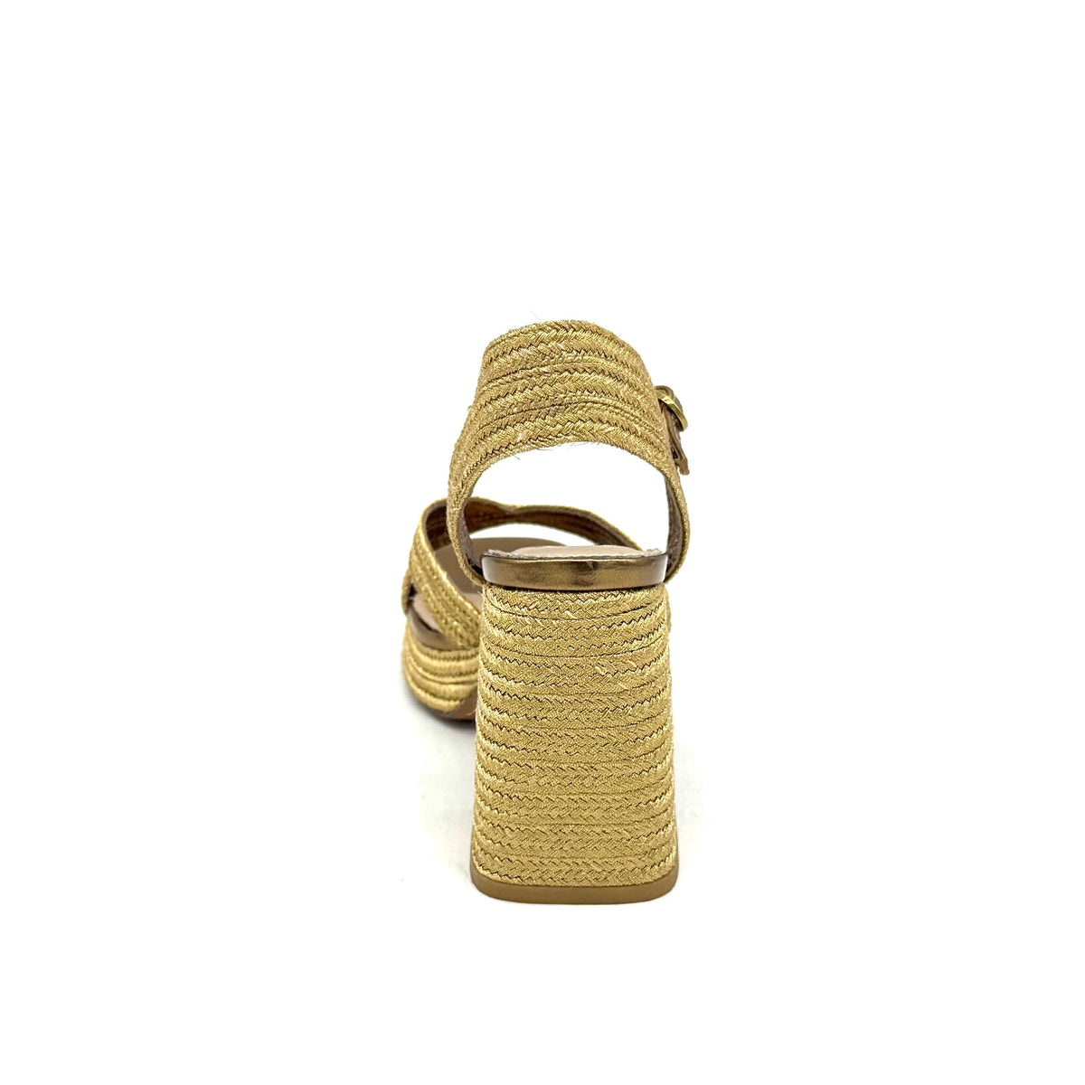 EXE Havana-002 woven platform block heel sandal in gold with crossover straps and ankle strap buckle closure, side view