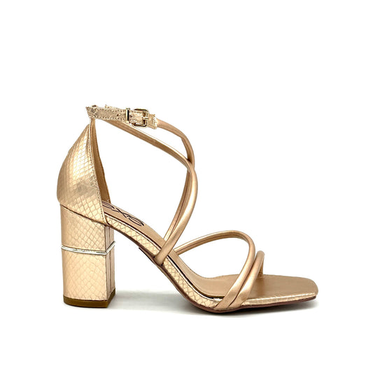Champagne: EXE Helen-690 strappy cross-strap block heel sandal in metallic champagne with snake-embossed heel