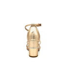 Champagne: EXE Helen-690 strappy cross-strap block heel sandal in metallic champagne with snake-embossed heel