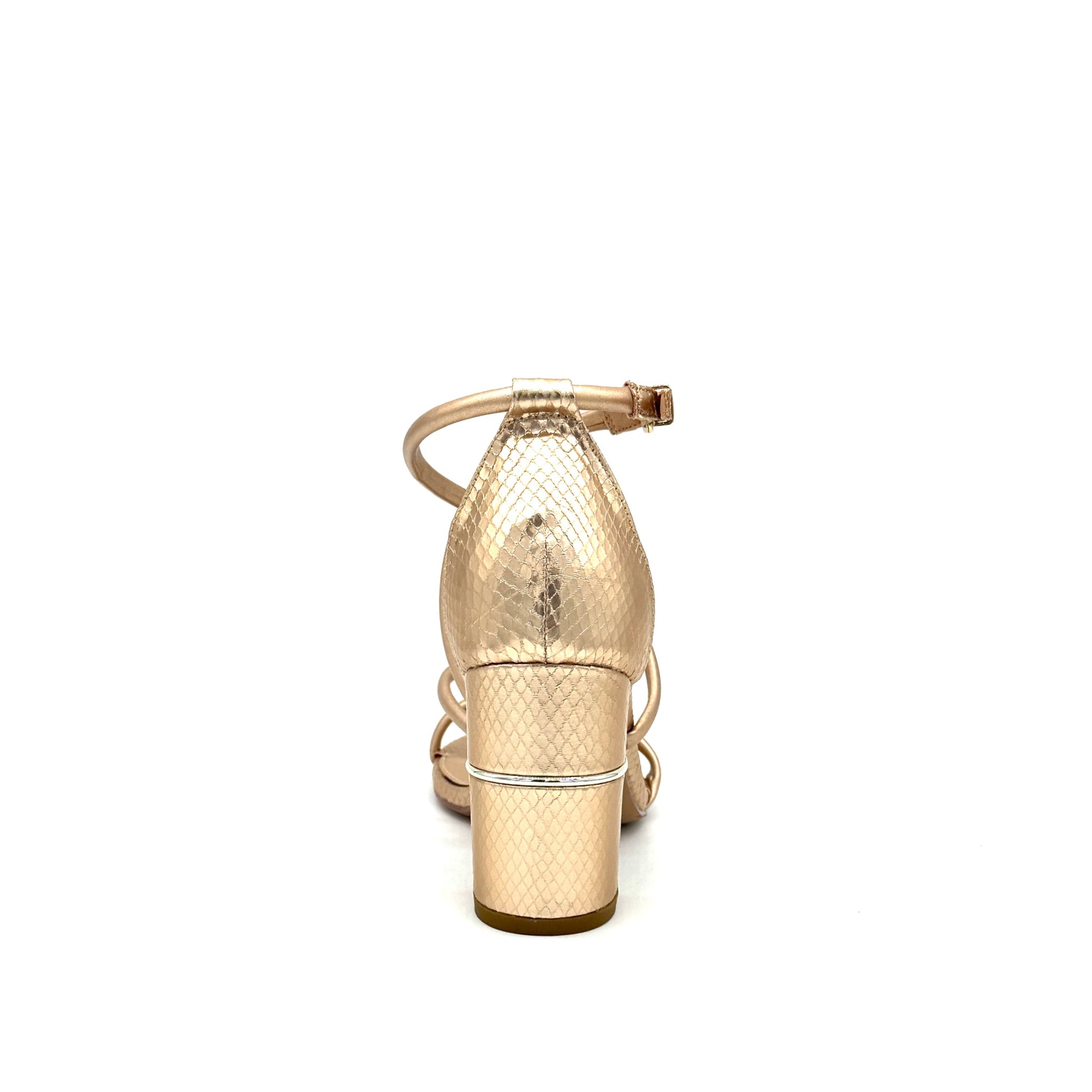 Champagne: EXE Helen-690 strappy cross-strap block heel sandal in metallic champagne with snake-embossed heel