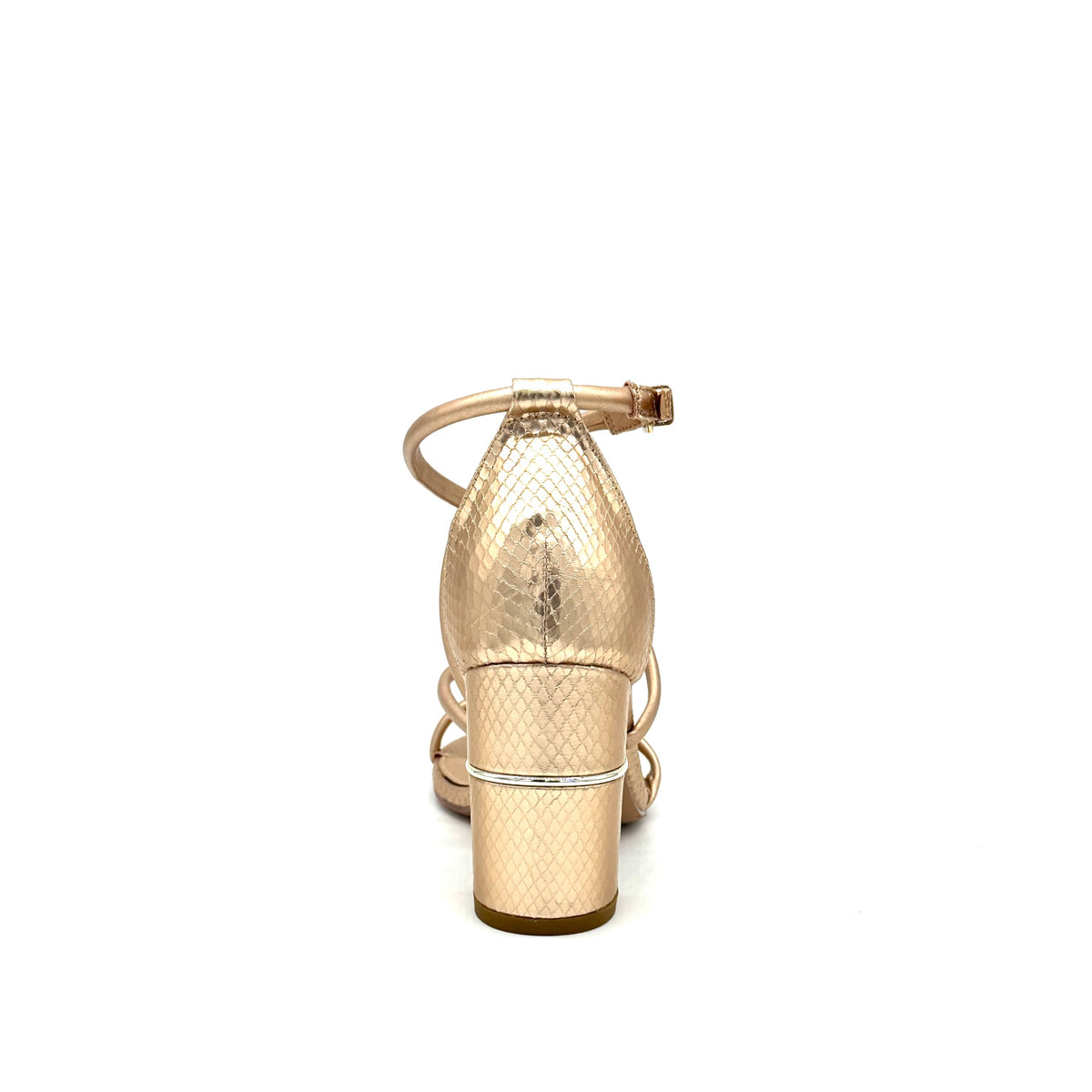 Champagne: EXE Helen-690 strappy cross-strap block heel sandal in metallic champagne with snake-embossed heel