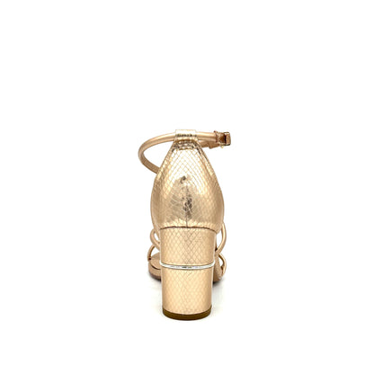 Champagne: EXE Helen-690 strappy cross-strap block heel sandal in metallic champagne with snake-embossed heel