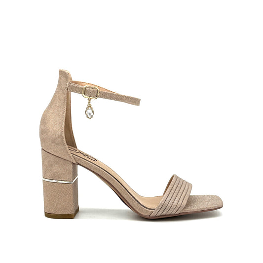 Gold Glitter: EXE Helen-698 pleated ankle strap block heel sandal in gold glitter with crystal charm detail
