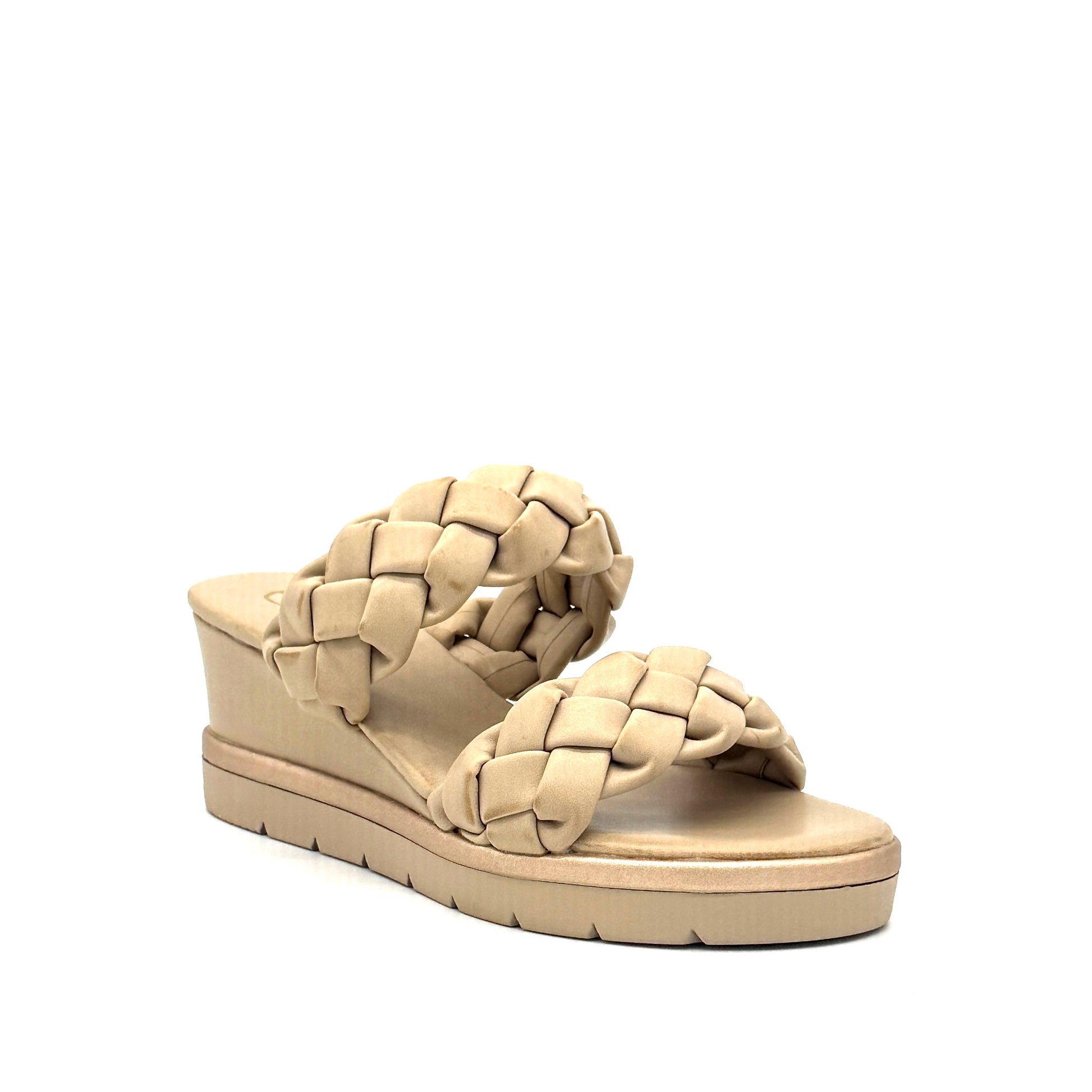 Beige: EXE Ipanema-922 double braided strap wedge slide sandal in beige