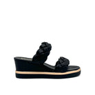 Black: EXE Ipanema-922 double braided strap wedge slide sandal in black with gold-tone sole accent