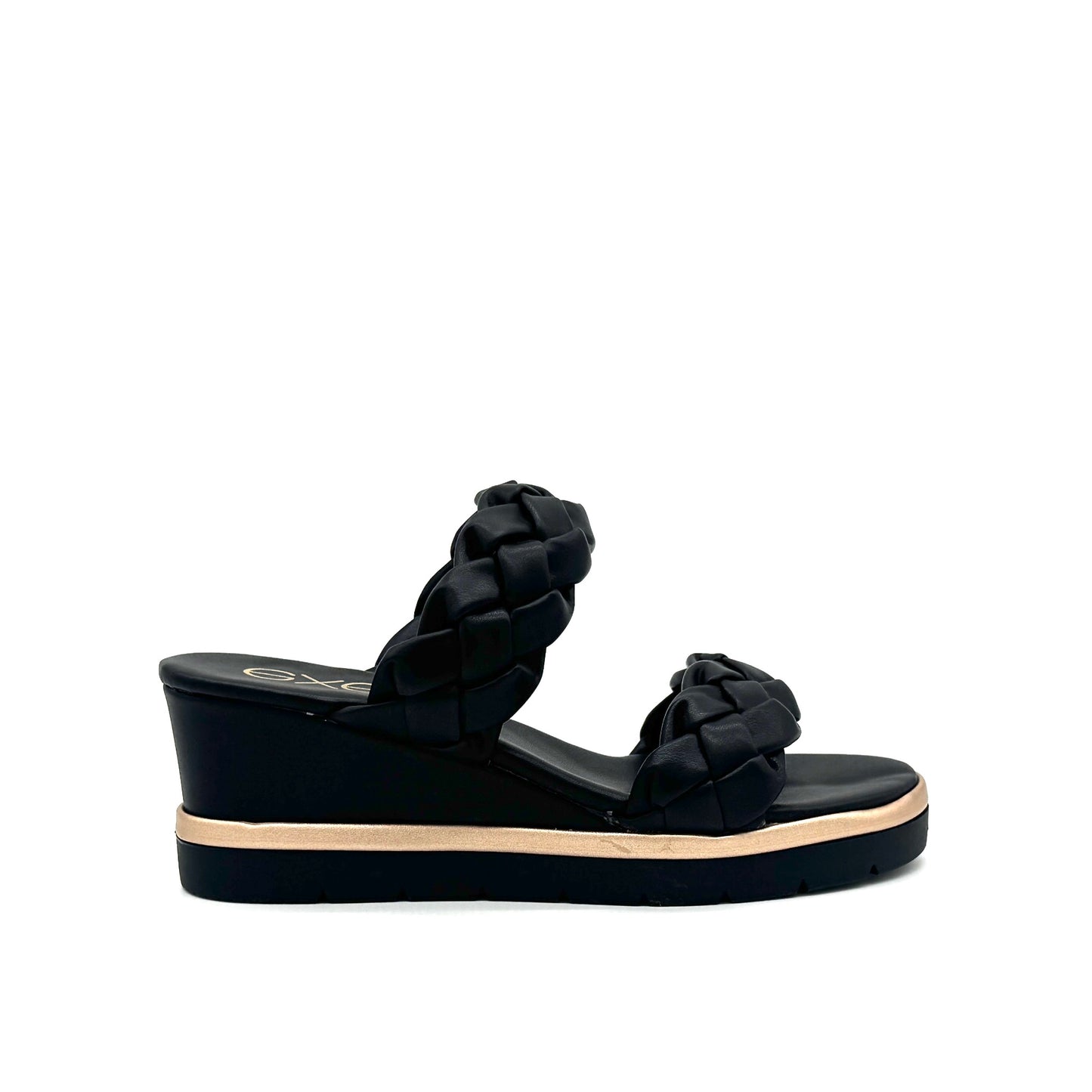 Black: EXE Ipanema-922 double braided strap wedge slide sandal in black with gold-tone sole accent