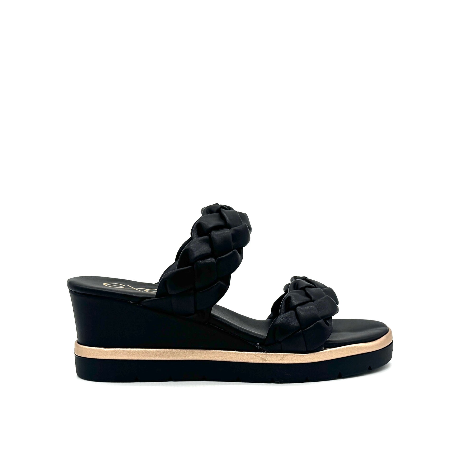 Black: EXE Ipanema-922 double braided strap wedge slide sandal in black with gold-tone sole accent