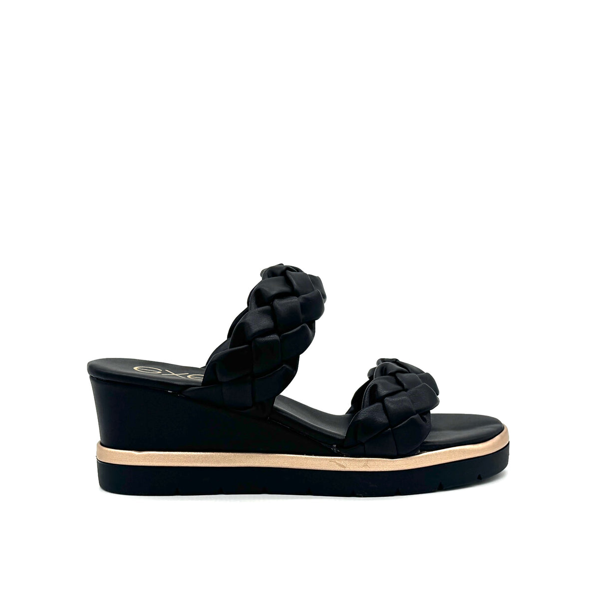 Black: EXE Ipanema-922 double braided strap wedge slide sandal in black with gold-tone sole accent