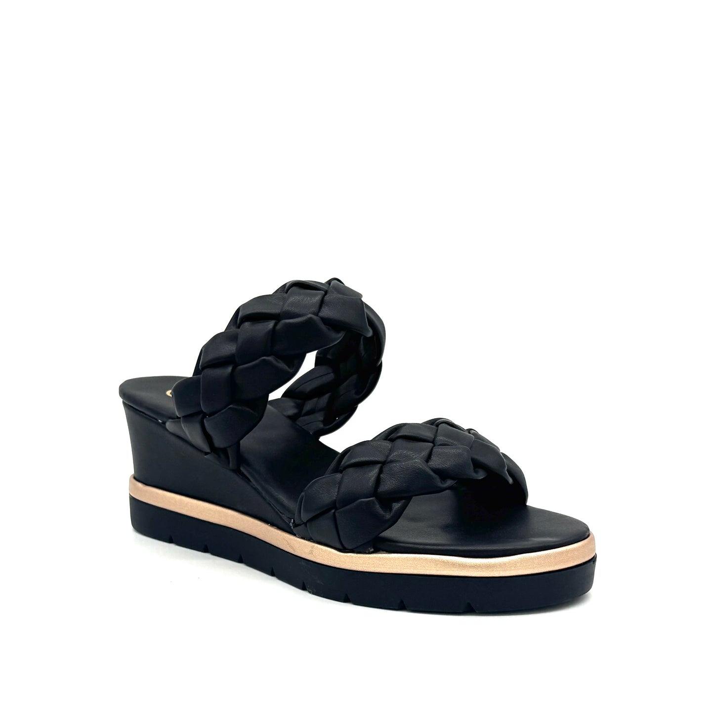 Black: EXE Ipanema-922 double braided strap wedge slide sandal in black with gold-tone sole accent