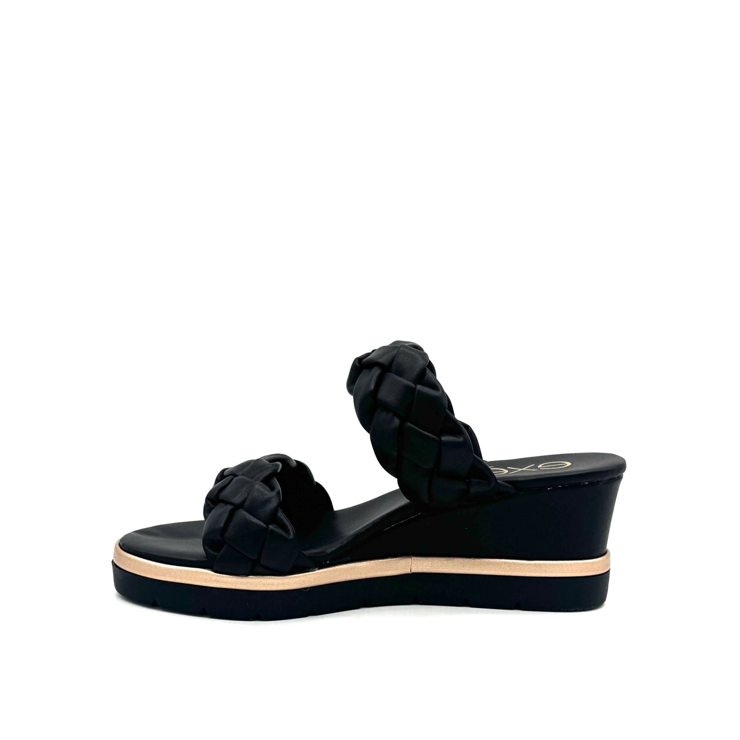 Black: EXE Ipanema-922 double braided strap wedge slide sandal in black with gold-tone sole accent