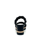 Black: EXE Ipanema-922 double braided strap wedge slide sandal in black with gold-tone sole accent