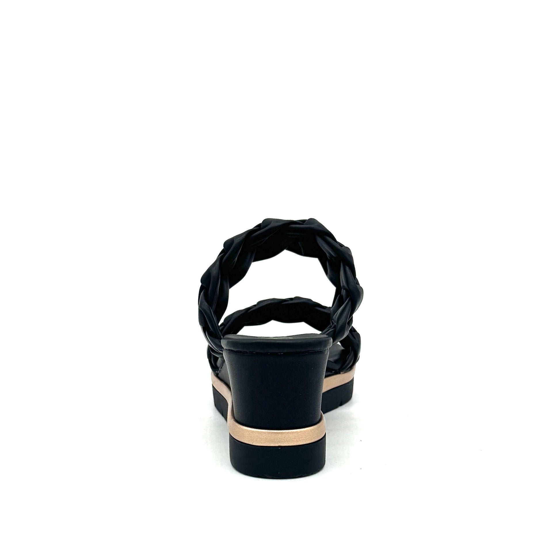 Black: EXE Ipanema-922 double braided strap wedge slide sandal in black with gold-tone sole accent