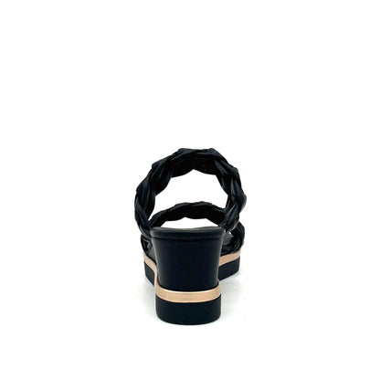 Black: EXE Ipanema-922 double braided strap wedge slide sandal in black with gold-tone sole accent