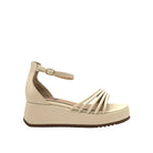 Beige: EXE Iris-628 multi-strap platform wedge sandal in beige with gold-tone ankle buckle