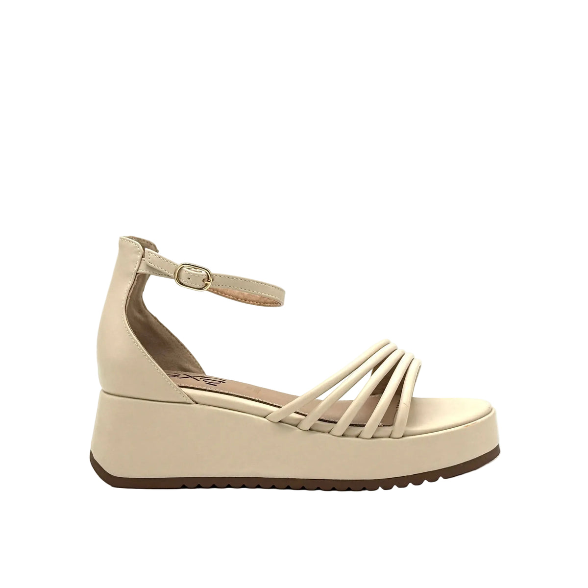 Beige: EXE Iris-628 multi-strap platform wedge sandal in beige with gold-tone ankle buckle