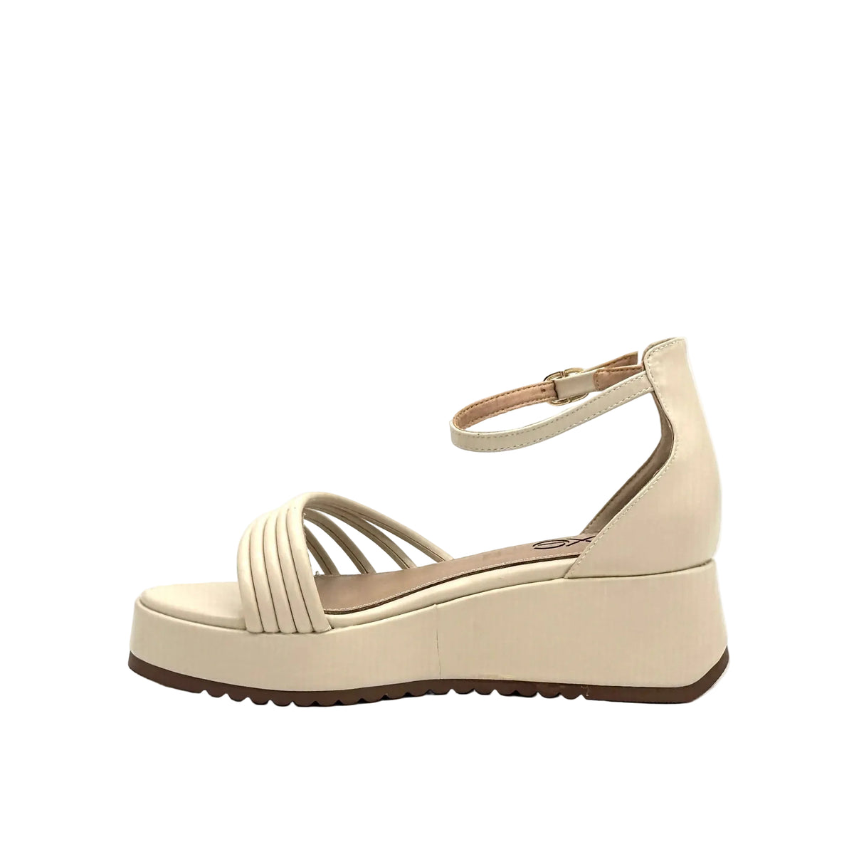 Beige: EXE Iris-628 multi-strap platform wedge sandal in beige with gold-tone ankle buckle
