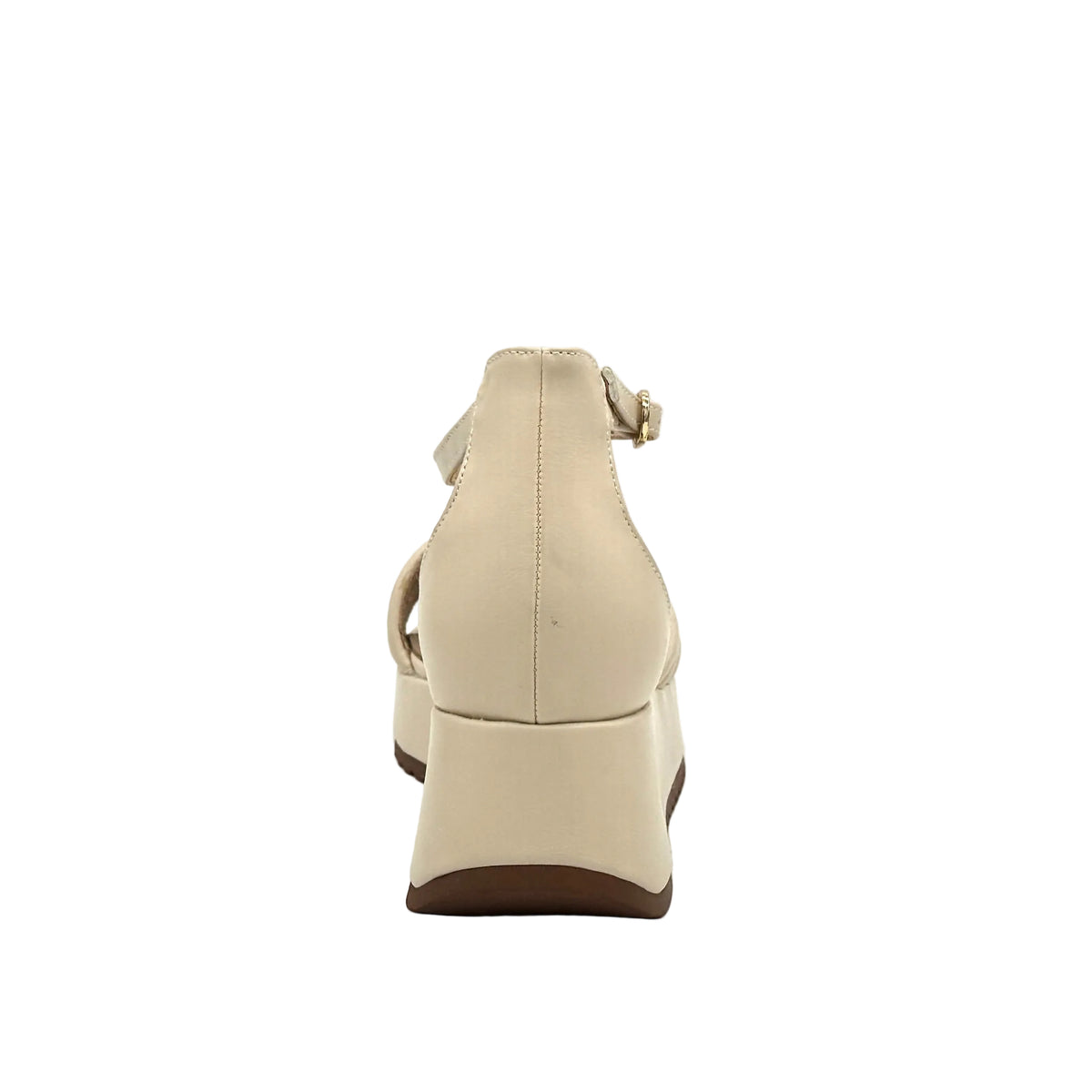 Beige: EXE Iris-628 multi-strap platform wedge sandal in beige with gold-tone ankle buckle