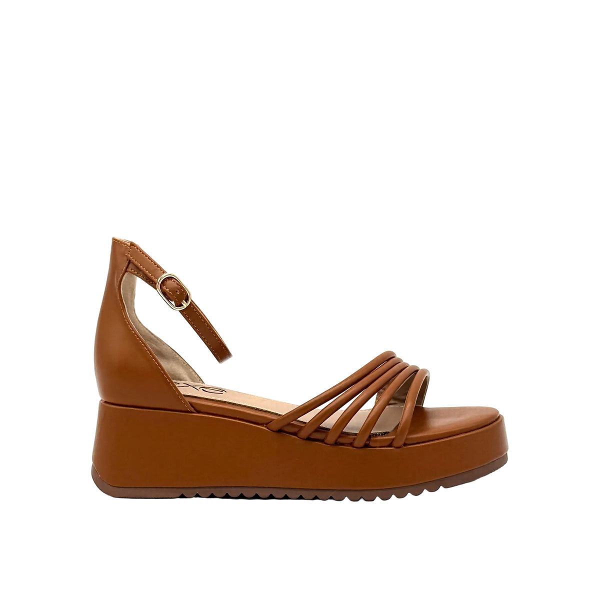 Tan: EXE Iris-628 multi-strap platform wedge sandal in tan with gold-tone ankle buckle
