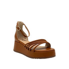 Tan: EXE Iris-628 multi-strap platform wedge sandal in tan with gold-tone ankle buckle
