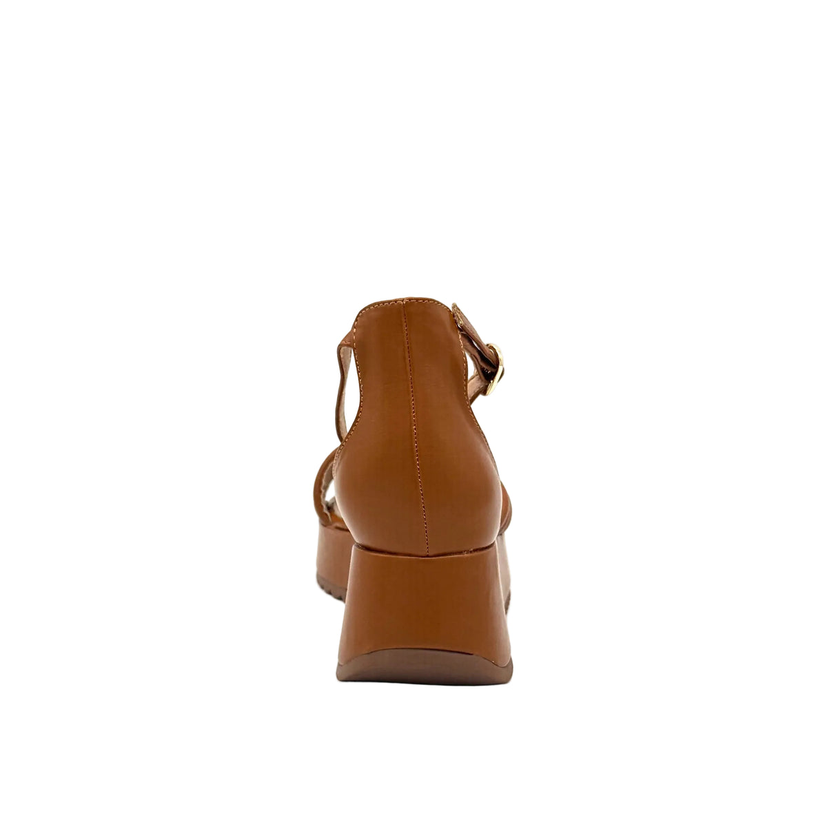 Tan: EXE Iris-628 multi-strap platform wedge sandal in tan with gold-tone ankle buckle
