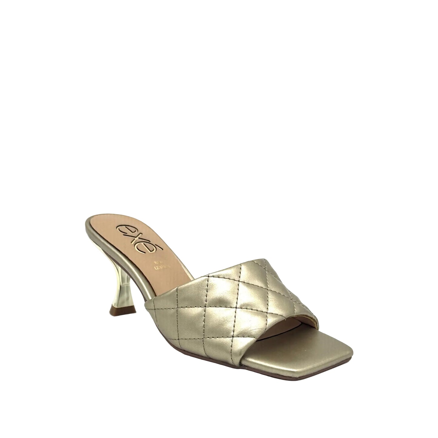 Gold: EXE Jennifer-566 quilted slide mule in gold with square toe and sculptural low heel