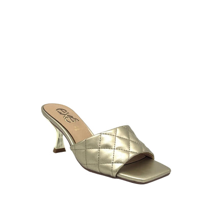 Gold: EXE Jennifer-566 quilted slide mule in gold with square toe and sculptural low heel