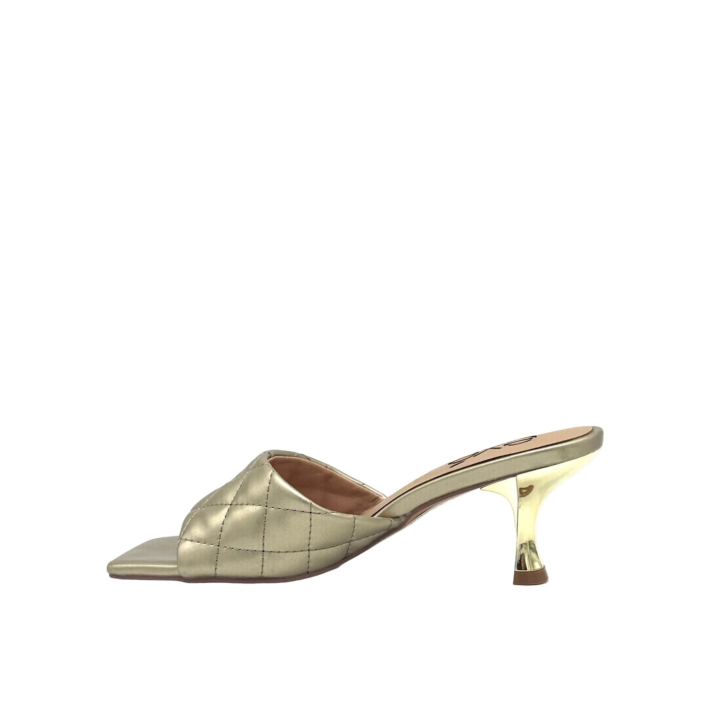 Gold: EXE Jennifer-566 quilted slide mule in gold with square toe and sculptural low heel