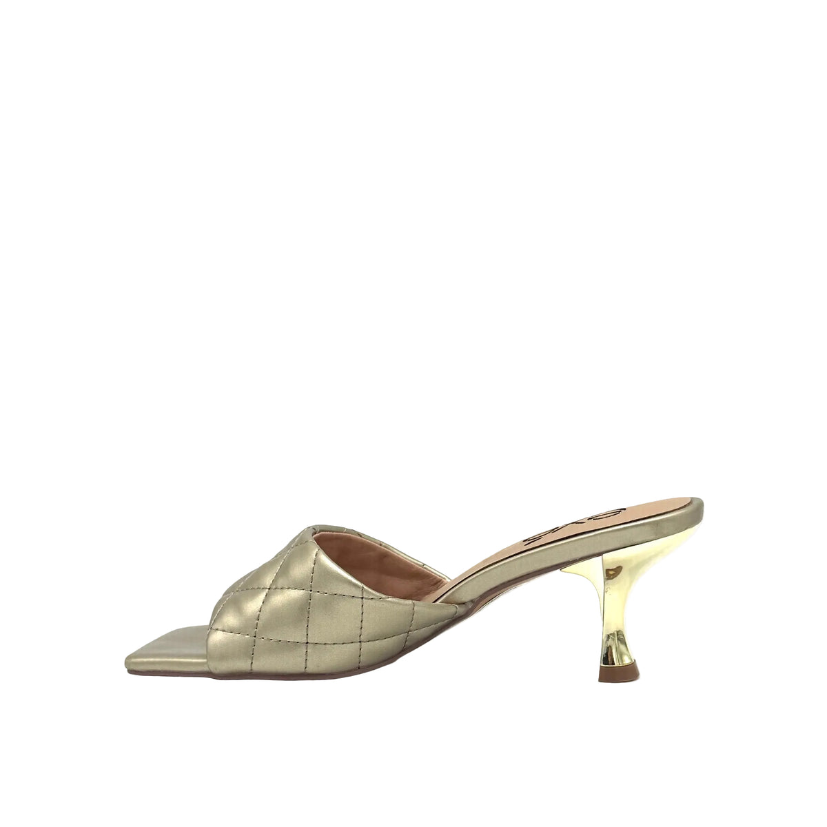 Gold: EXE Jennifer-566 quilted slide mule in gold with square toe and sculptural low heel