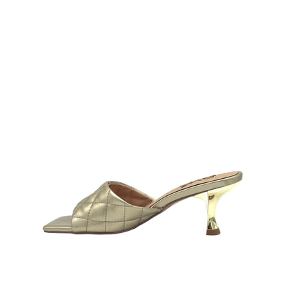 Gold: EXE Jennifer-566 quilted slide mule in gold with square toe and sculptural low heel