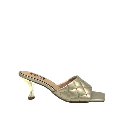Gold: EXE Jennifer-566 quilted slide mule in gold with square toe and sculptural low heel