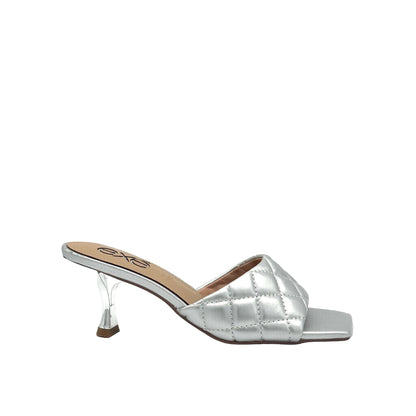 Silver: EXE Jennifer-566 quilted slide mule in silver with square toe and sculptural low heel