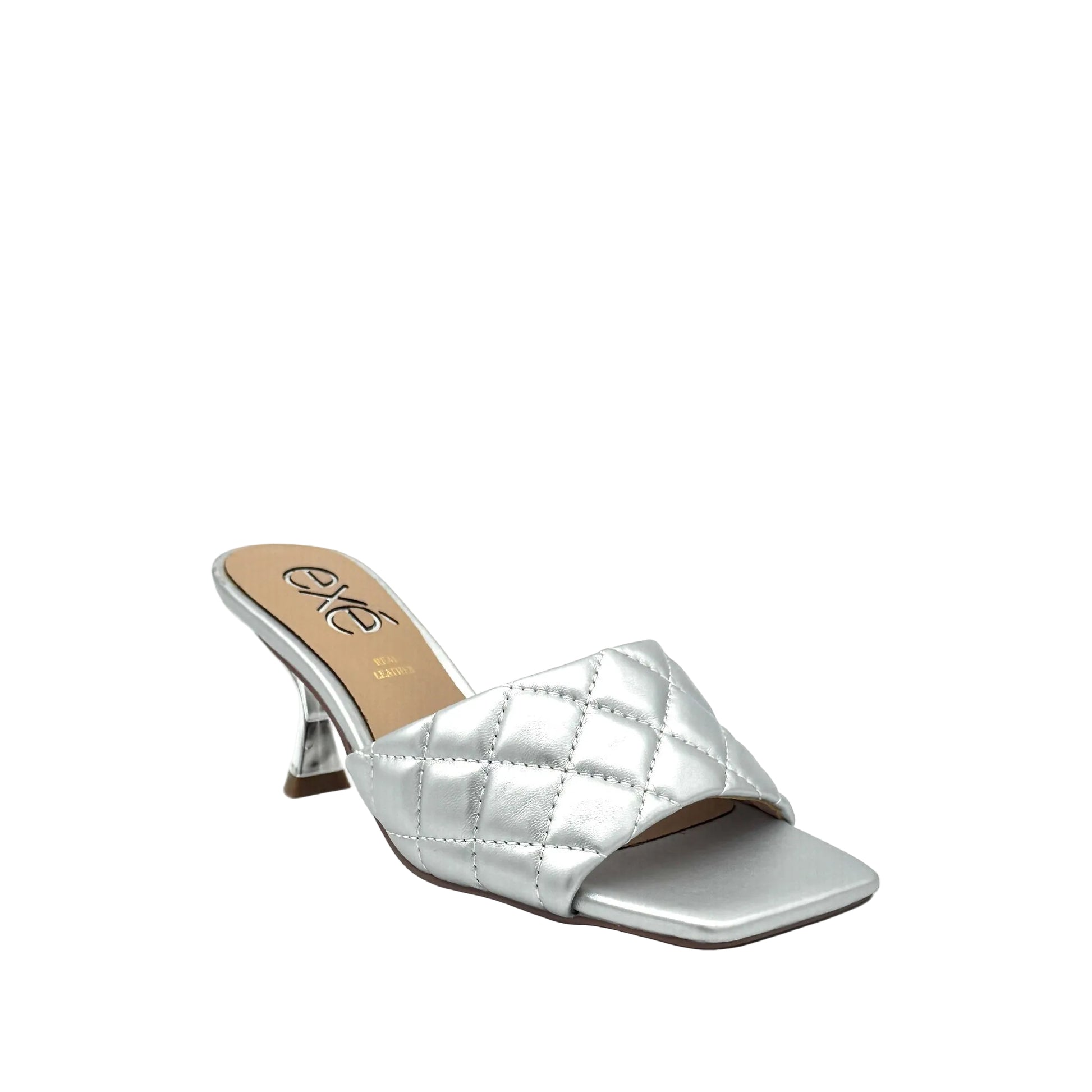 Silver: EXE Jennifer-566 quilted slide mule in silver with square toe and sculptural low heel