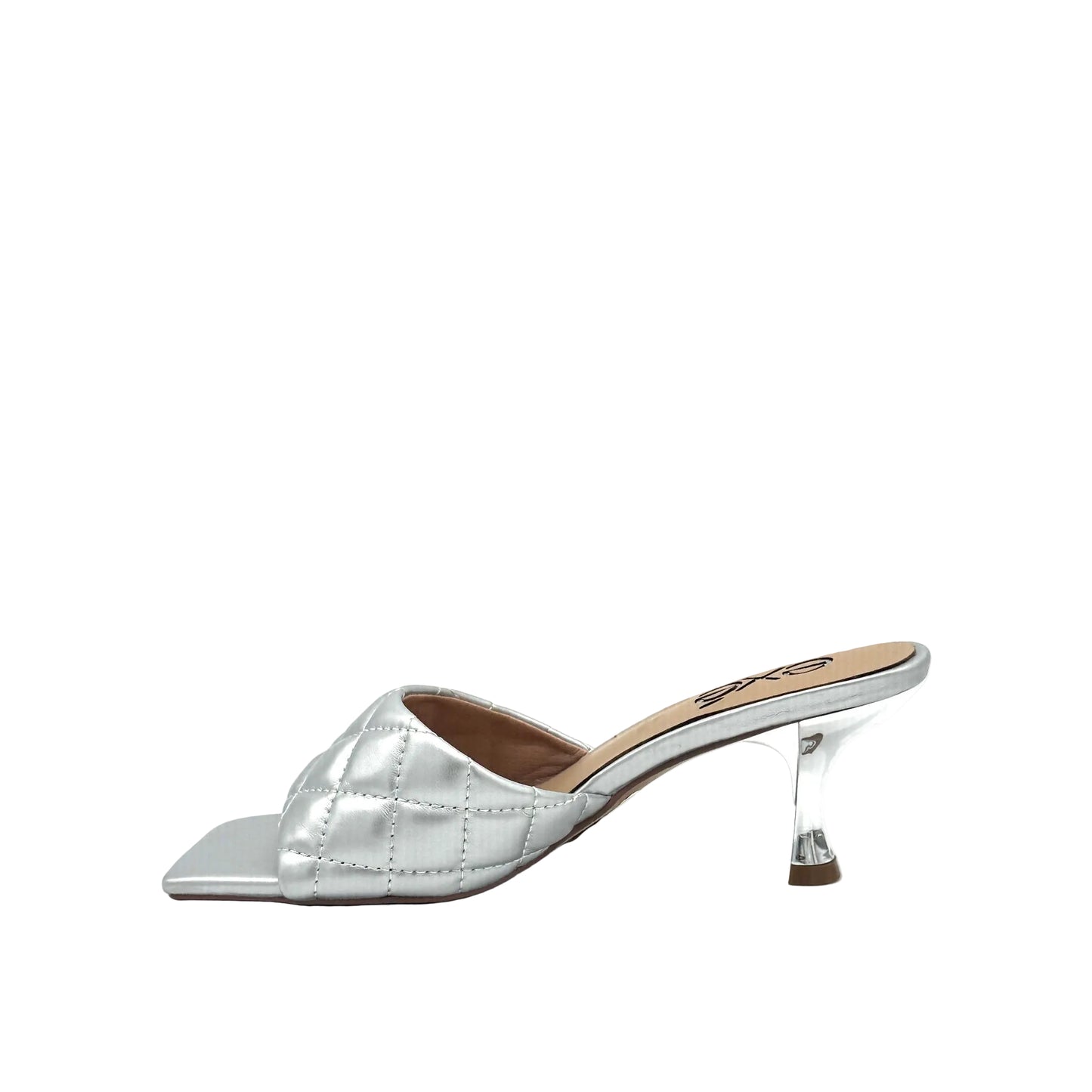 Silver: EXE Jennifer-566 quilted slide mule in silver with square toe and sculptural low heel