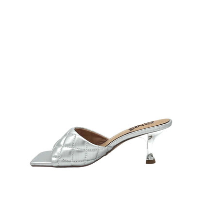 Silver: EXE Jennifer-566 quilted slide mule in silver with square toe and sculptural low heel