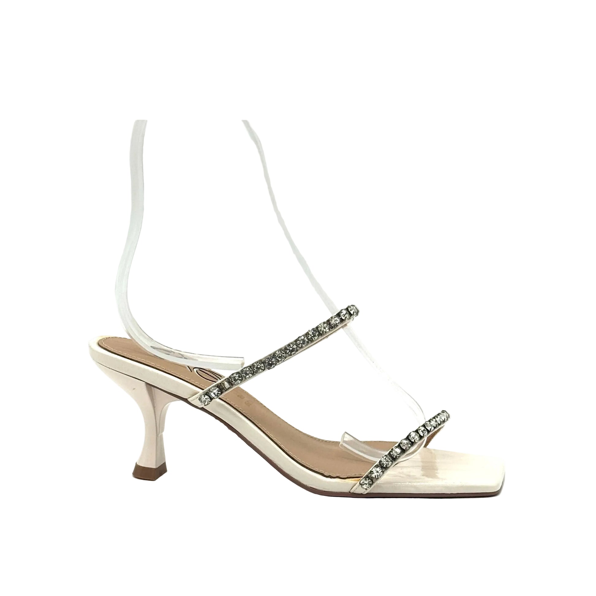 Cream: EXE Jennifer-585 rhinestone double-strap heeled sandal in cream with sculptural low heel and square toe, side view