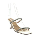 Cream: EXE Jennifer-585 rhinestone double-strap heeled sandal in cream with sculptural low heel and square toe, side view