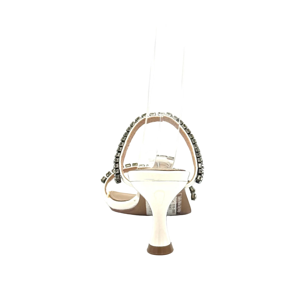 Cream: EXE Jennifer-585 rhinestone double-strap heeled sandal in cream with sculptural low heel and square toe, side view