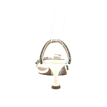 Cream: EXE Jennifer-585 rhinestone double-strap heeled sandal in cream with sculptural low heel and square toe, side view