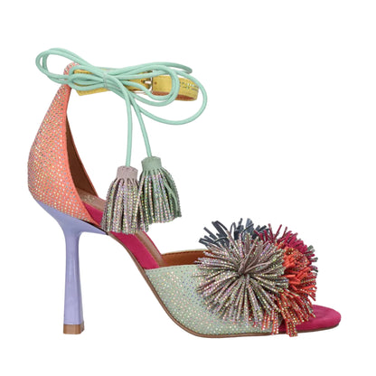 EXE Jennifer 725 multicolor rhinestone tassel heels for women with lace-up ankle strap and stiletto heel