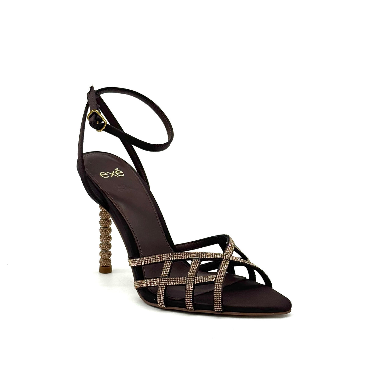 EXE Joy-959 crystal-embellished caged heel sandal in brown with rhinestone lattice straps, ankle strap buckle, and jeweled sculptural heel