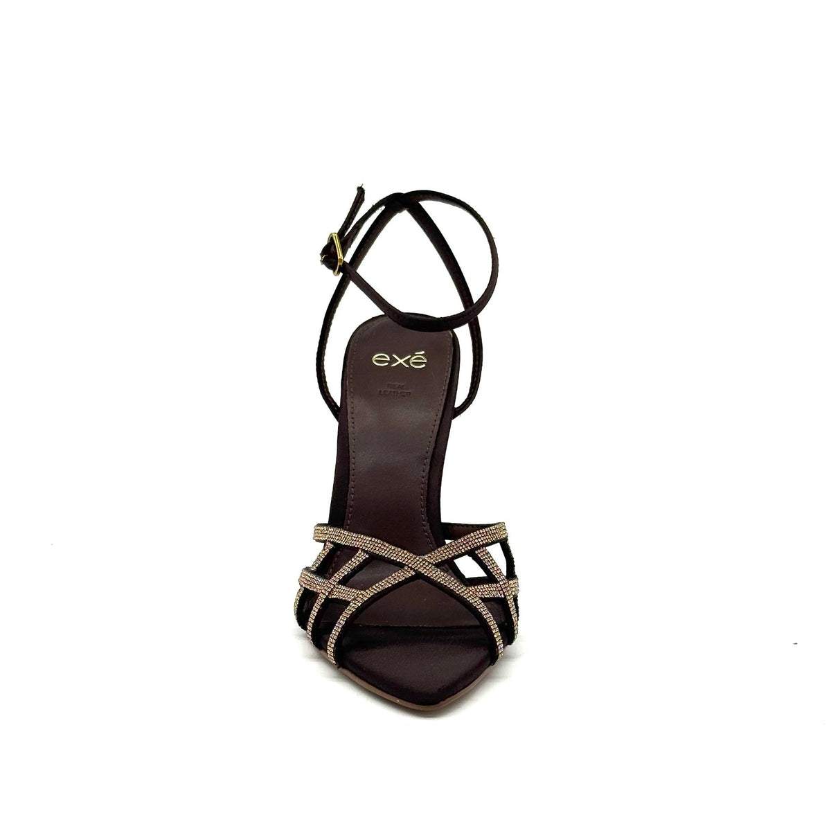 EXE Joy-959 crystal-embellished caged heel sandal in brown with rhinestone lattice straps, ankle strap buckle, and jeweled sculptural heel