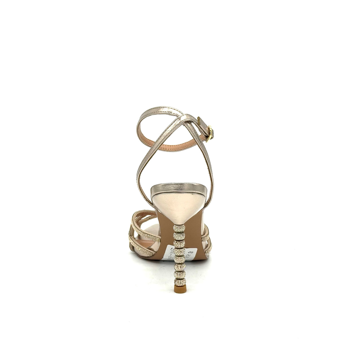 EXE Joy-959 crystal-embellished caged heel sandal in gold with rhinestone lattice straps, ankle strap buckle, and jeweled sculptural heel, side view
