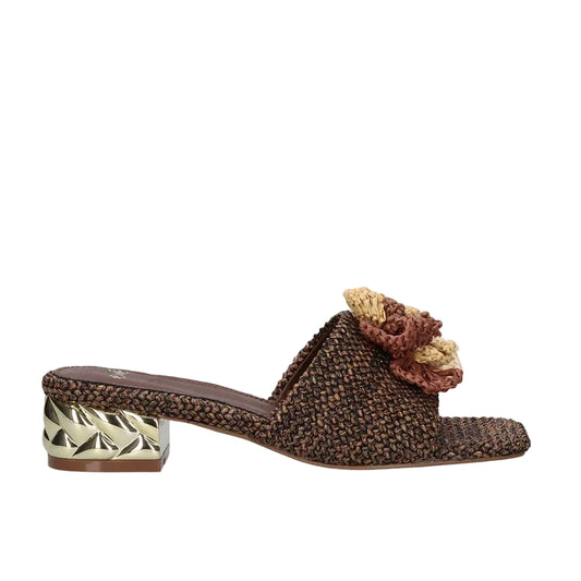 EXE Katy 401 brown raffia slide sandals for women with decorative detail and metallic block heel
