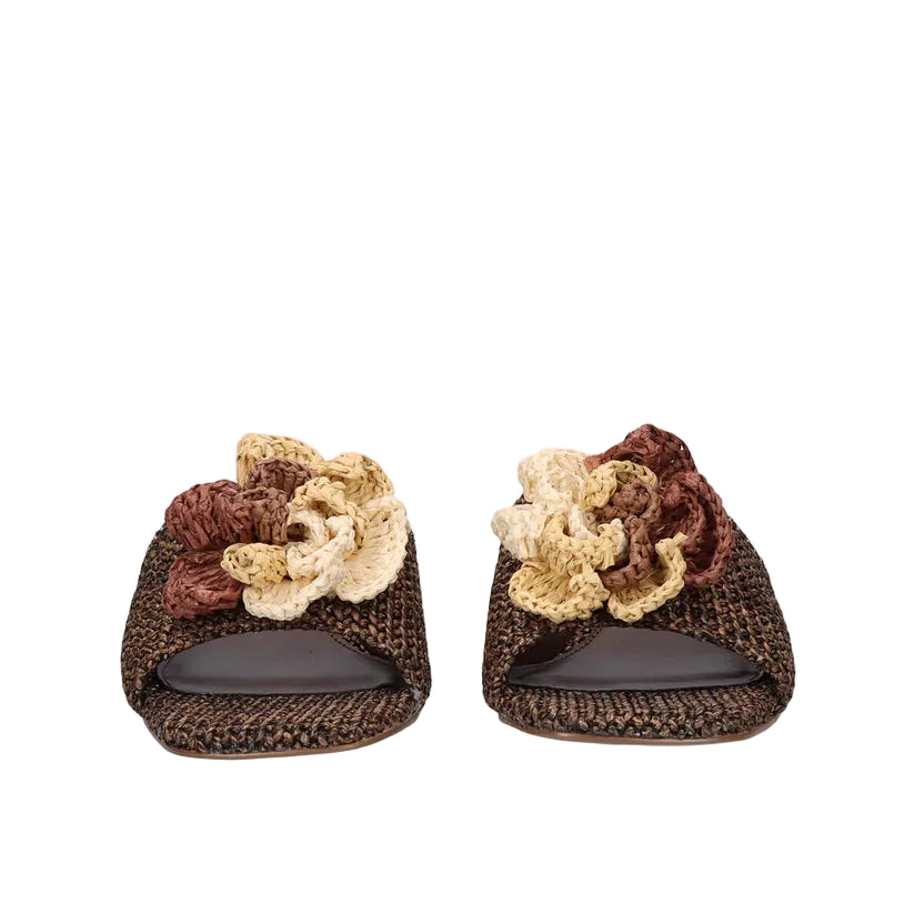 EXE Katy 401 brown raffia slide sandals for women with decorative detail and metallic block heel