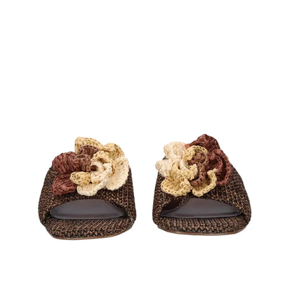 EXE Katy 401 brown raffia slide sandals for women with decorative detail and metallic block heel